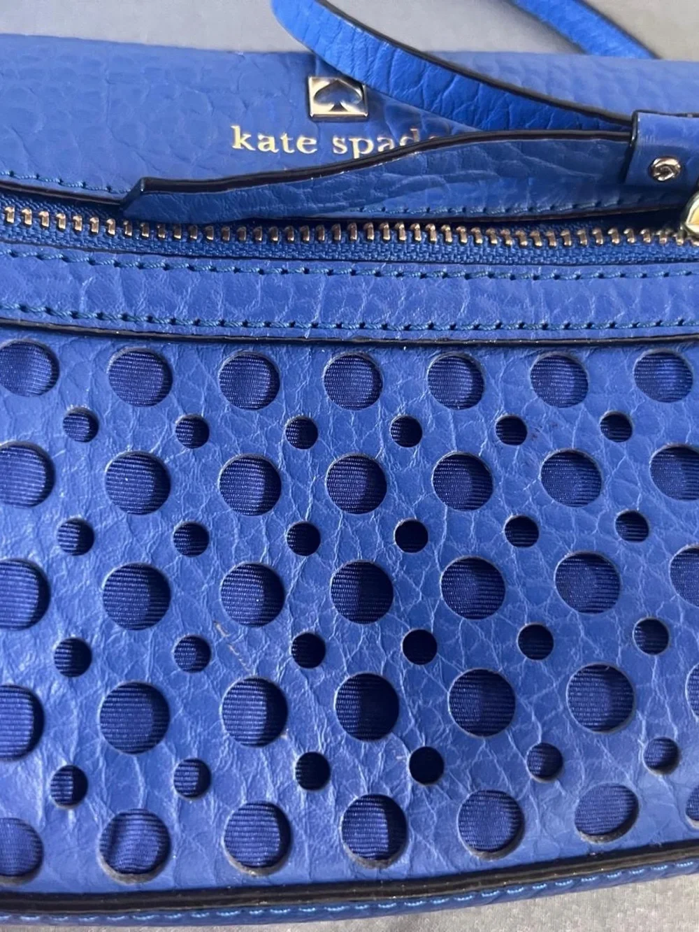 kate spade cobalt blue leather perforated crossbody bag